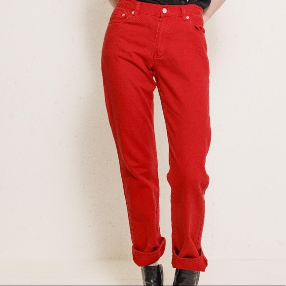 red high waisted jeans